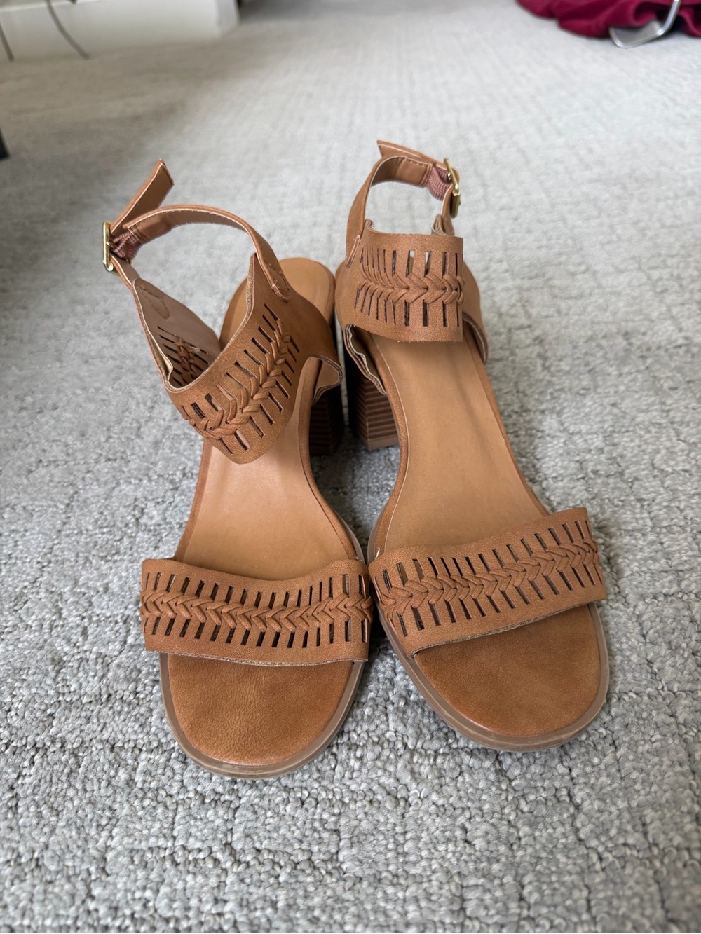 Qupid Brown Braided Ankle Strap Block Heel Sandals